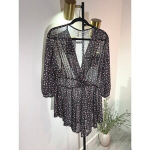 Bluebell Womens 3XL Sheer Mesh Floral Surplice Peplum Top Black Pink 3/4 Sleeve